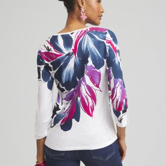 Brand New Chico's Floral Tee with Button Cuffs - Size 4 (XXL ~20/22) - Picture 7 of 8